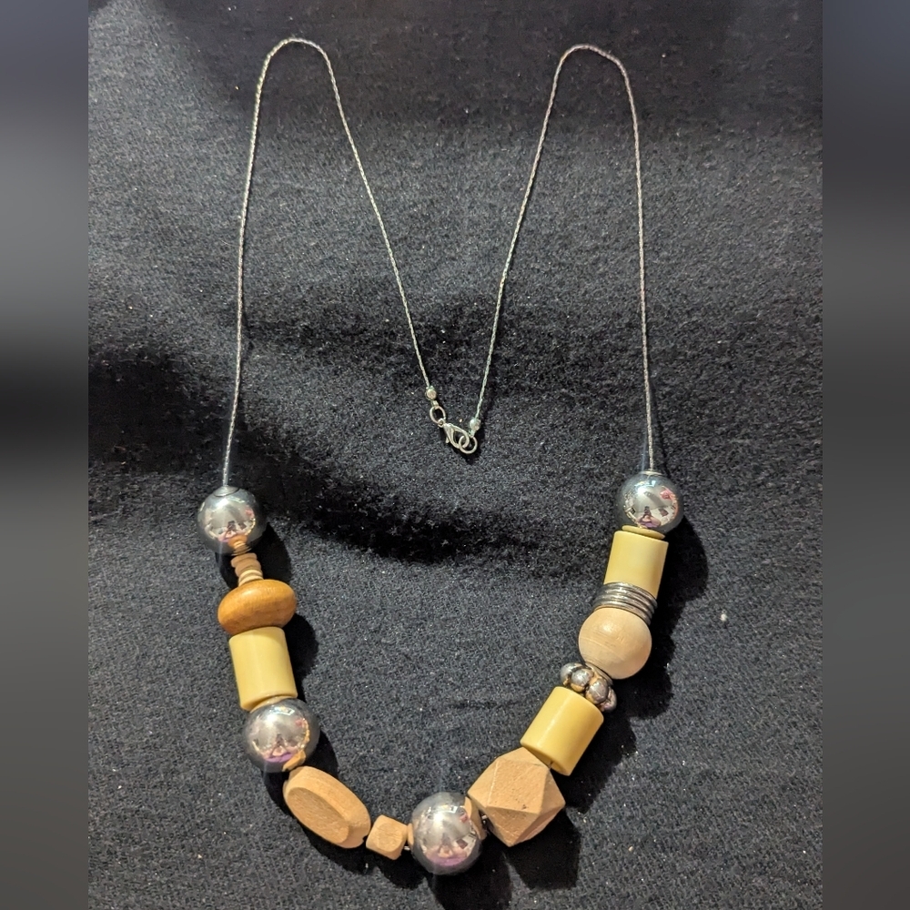 Silver Tone Beige Tan Chunky Beaded Long Statement Necklace
